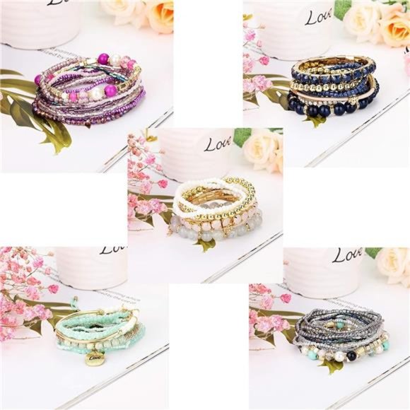 6 Sets Bohemian Stackable Bead Bracelets for Women Stretch Boho Style Bracelet - Picture 3 of 7